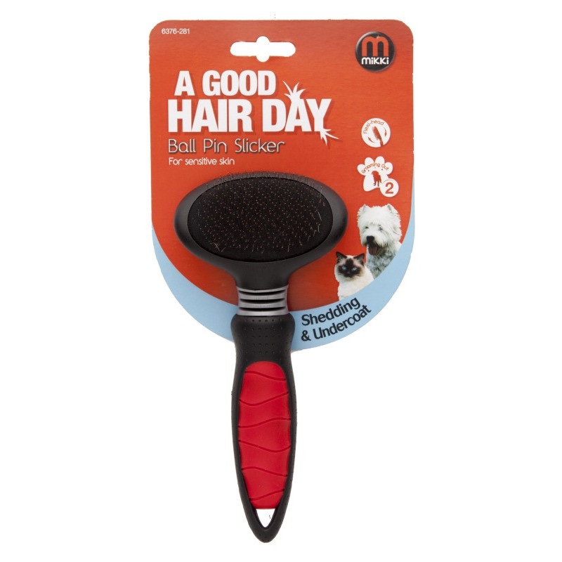 Mikki Dog, Cat, Puppy, Kitten Grooming Ball Pin Slicker Brush For Small And Medium Pets, Black/Red