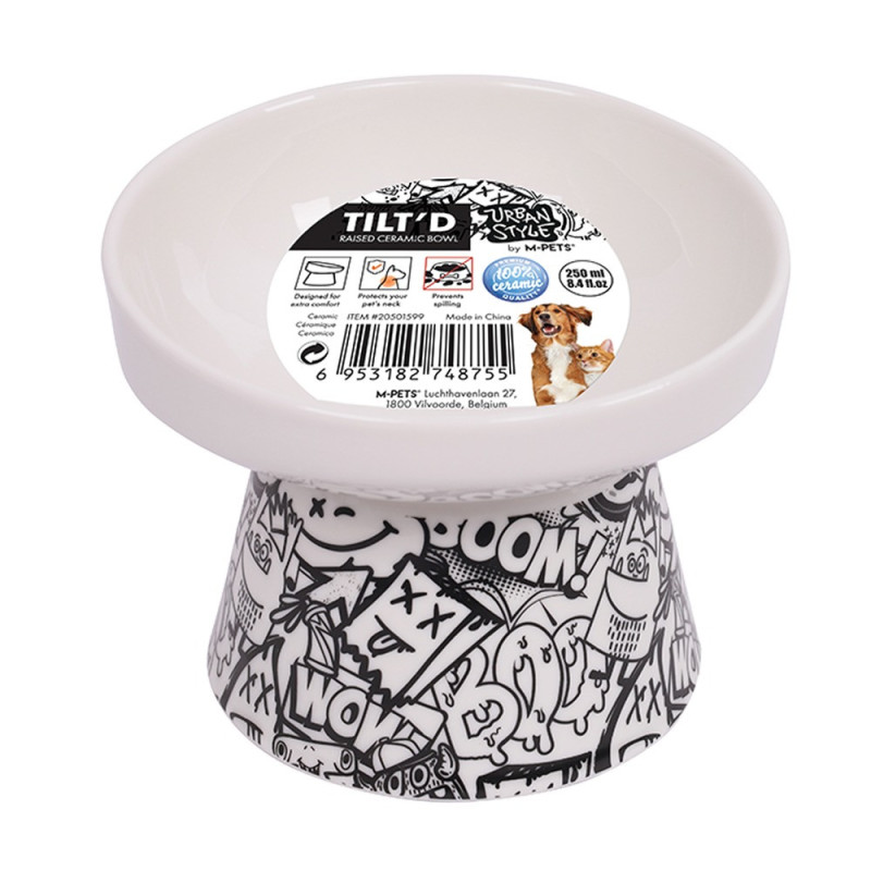 M-Pets Freestyle Tilt’D Raised Ceramic Bowl Black And White, 250Ml