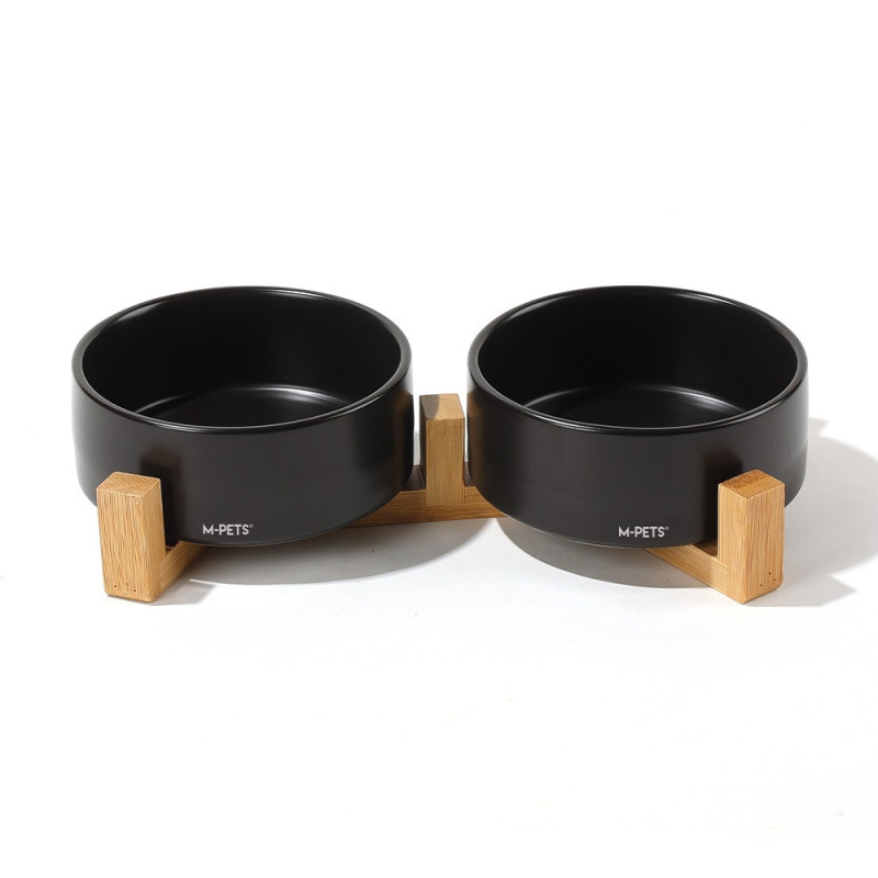 M-Pets Opera Ceramic Bowls With Bamboo Stand Black, 2X 850Ml