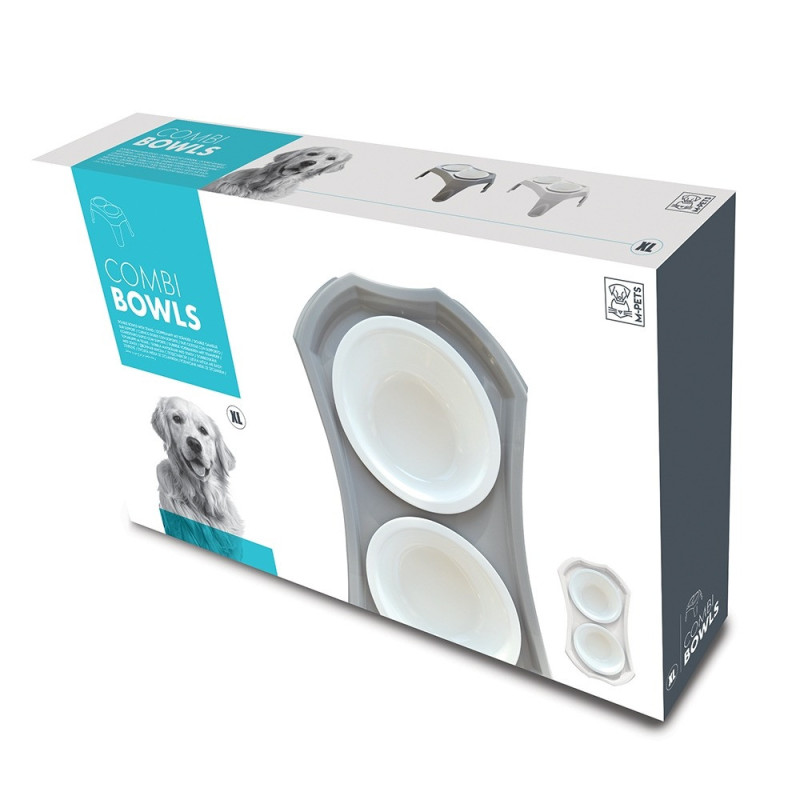 M-Pets Combi Double Bowl With Stand, Removable Bowls, Xl (2 x 1500Ml) Grey
