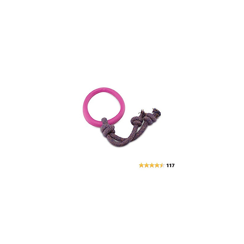 Beco Pets Hoop On Rope Natural Rubber Hoop And Cotton Rope Tug Chew Toy For Dogs, Large, Pink