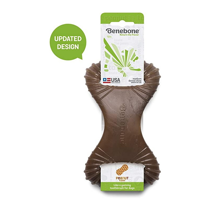 Benebone Dental Dog Chew Toy For Aggressive Chewers Peanut Flavour, Medium, Brown