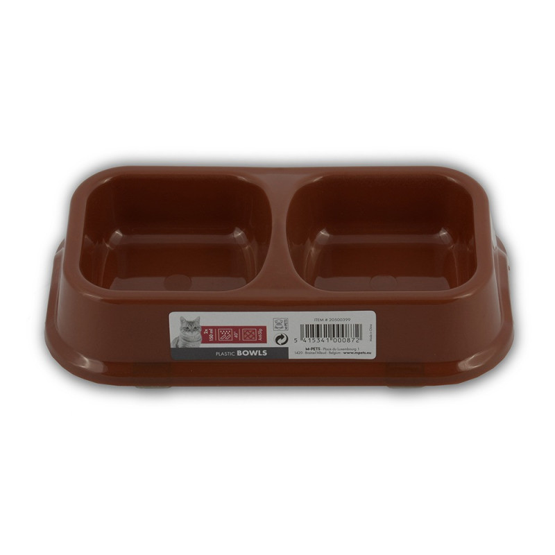 M-Pets Plastic Double Bowl For Cat, Anti-Slip, 2 x 150Ml (Brown)