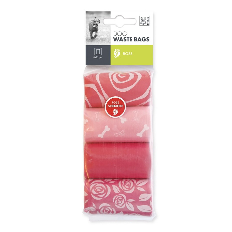 M-Pets Dog Waste Bags Rose Scented For Dog, 60 Bags (4 x 15)
