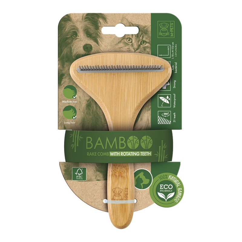 M-Pets Bamboo Rake Comb 31 Teeth For Dog And Cat, Brown (10 x 17.5 cm)