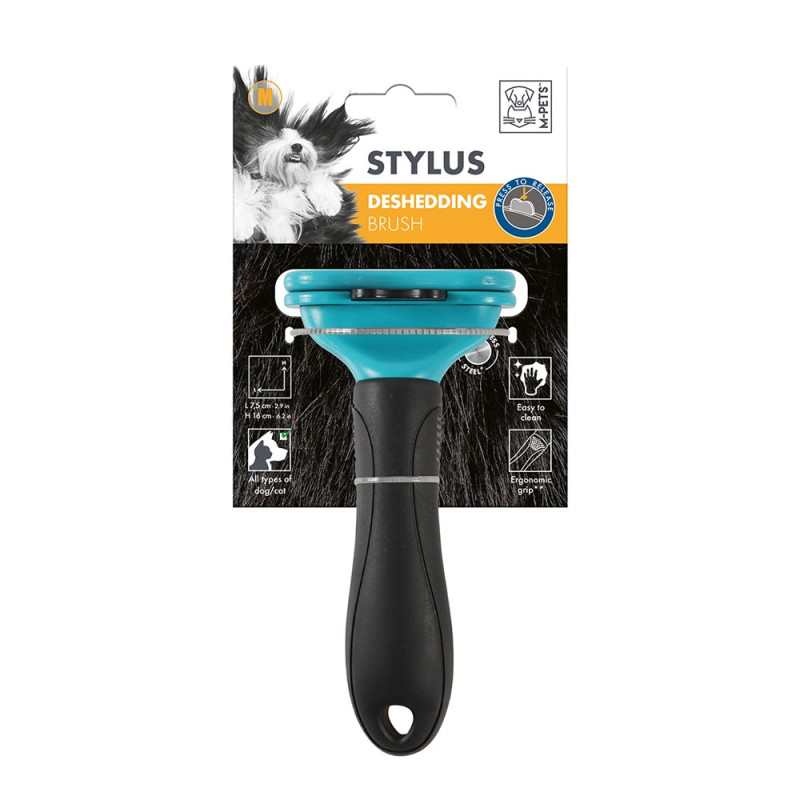 M-Pets Stylus Deshedding Brush For Dog And Cat, Medium (7.5 x 16cm) Black/Blue