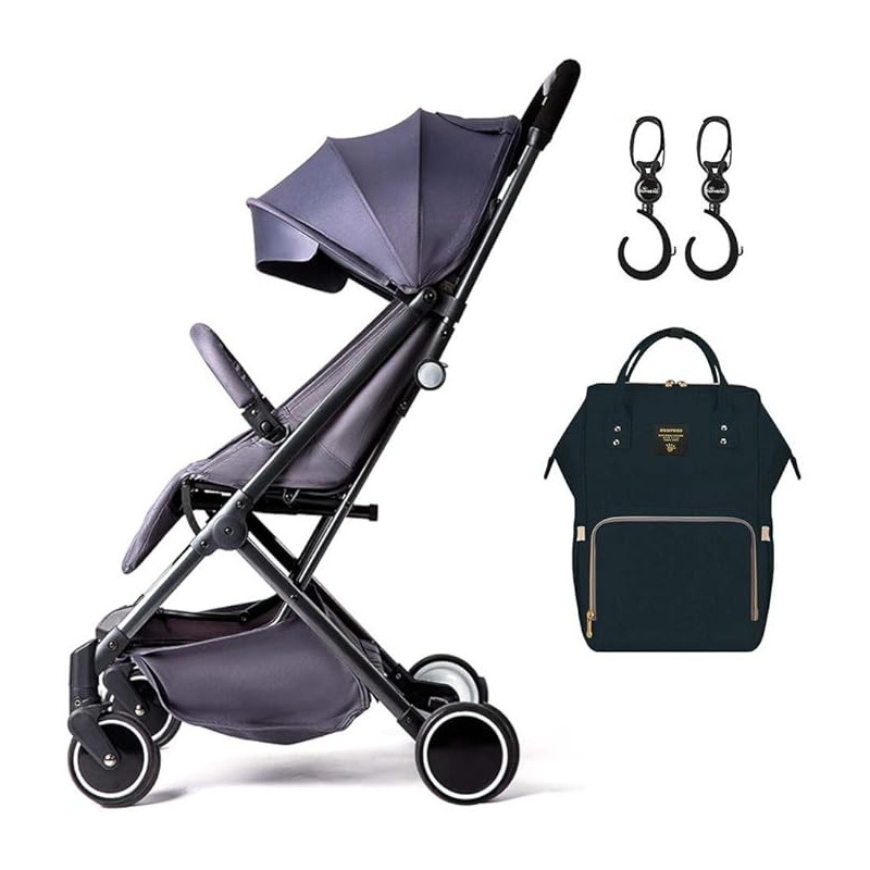 Teknum Grey Travel Lite Stroller Plus Sunveno Diaper Bag Black With Hooks