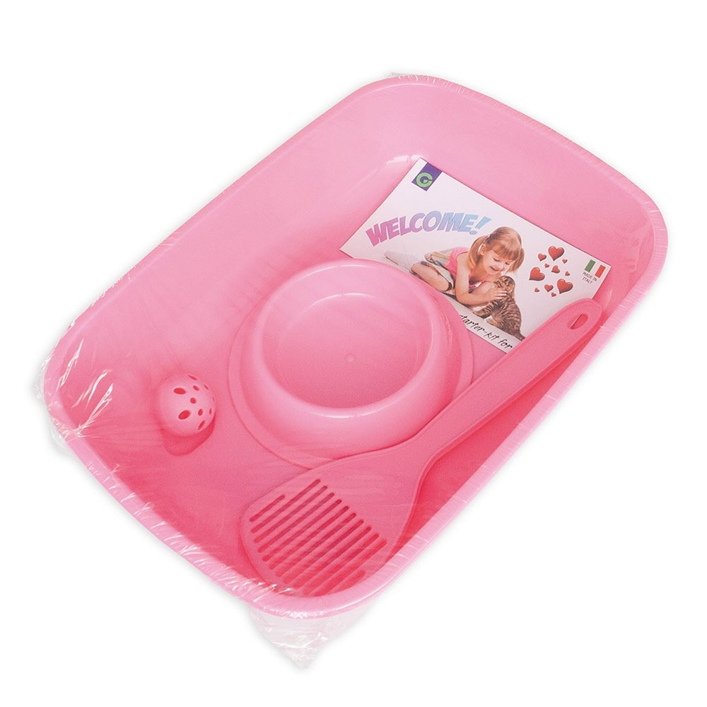 Georplast Kitten Welcome Kit, Litter Tray, Bowl, Litter Scoop And A Toy (Ball), 37 x 27 x 8.5h, Pink