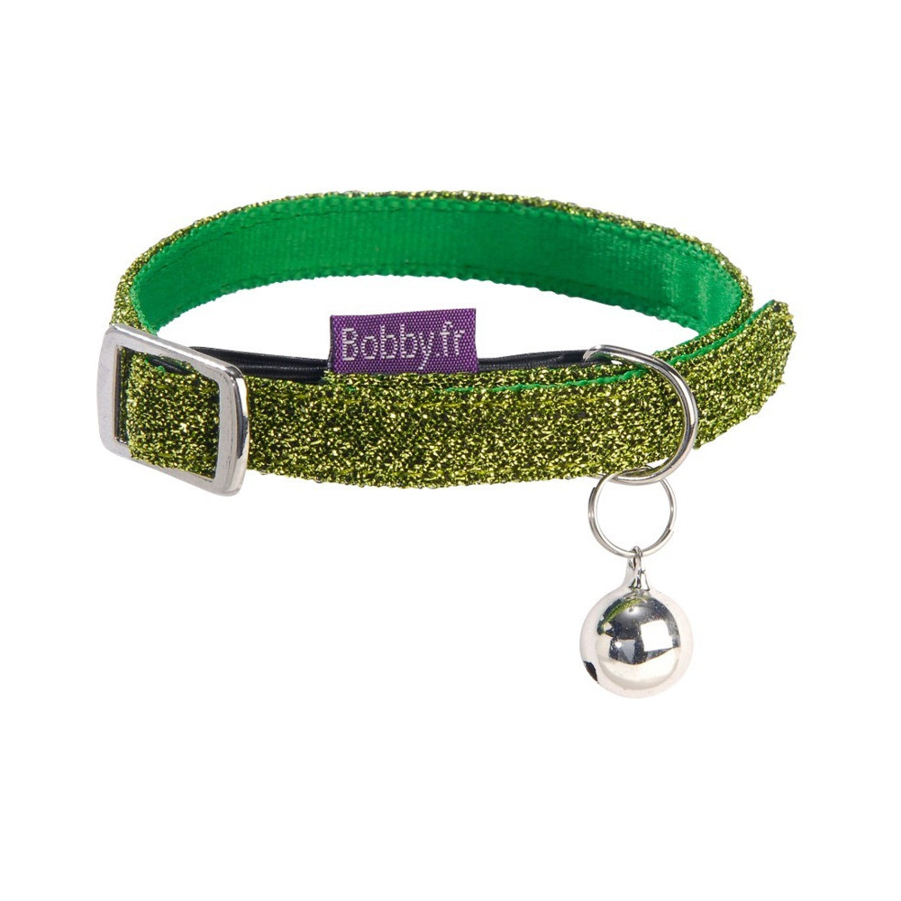 Bobby Disco Cat Collar Adjustable Glittering Nylon With Bell, Green, XS