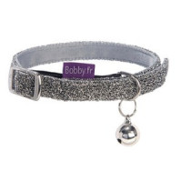 Bobby Disco Cat Collar Adjustable Glittering Nylon With Bell, Silver, XS