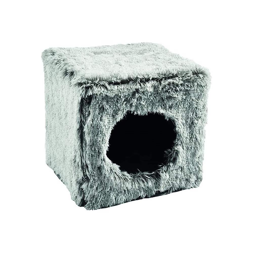 Bobby Poilu Cube Furry Cat Box Bed Bicolor Faux Fur House, Black, 38X38X38Cm