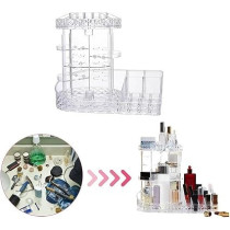 Yu Well Acrylic 360 Degree Rotating Makeup Organizer L-Shaped Adjustable Layers Large Capacity Clear Acrylic Storage Box Transparent Diamond Pattern