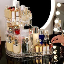 Yu Well Acrylic 360 Degree Rotating Makeup Organizer L-Shaped Adjustable Layers Large Capacity Clear Acrylic Storage Box Transparent Diamond Pattern