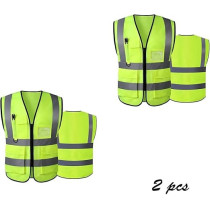 Yu Well Reflective Safety Vests High Visibility Breathable Day Night Warning Jacket With Zipper And 5 Pockets For Construction, Traffic, Cycling Safety Purpose, Xl, 2 Pack