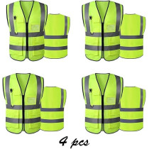 Yu Well Reflective Safety Vests High Visibility Breathable Day Night Warning Jacket With Zipper And 5 Pockets For Construction, Traffic, Cycling Safety Purpose, Green, 4 Pieces, Large