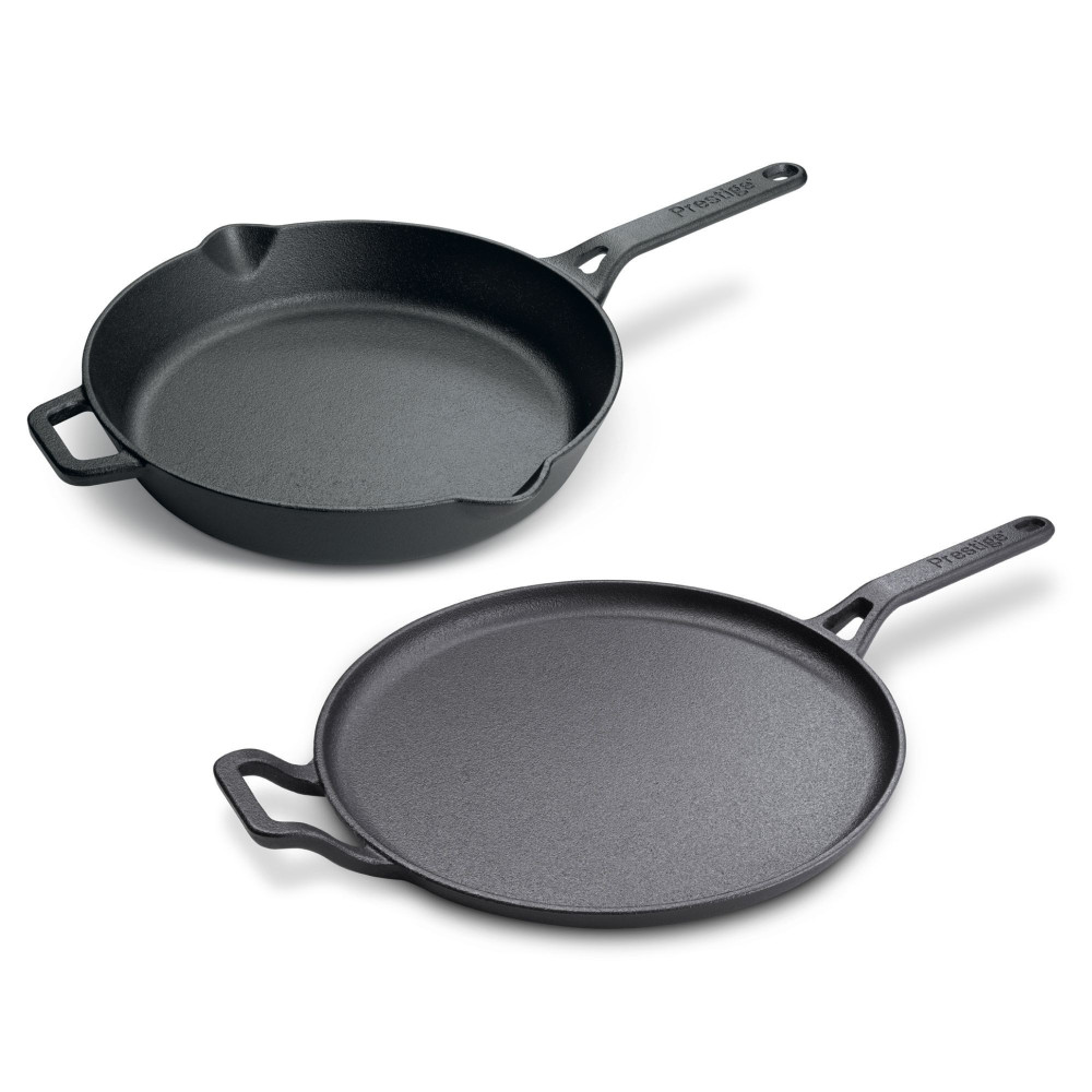 Prestige Pre-Seasoned Cast Iron Cookware Set, 28cm Flat Dosa Tawa/26cm Fry Pan Set Combo Offer For Kitchen Iron Utensils for Cooking Induction Cookware Set, Black, PR49081