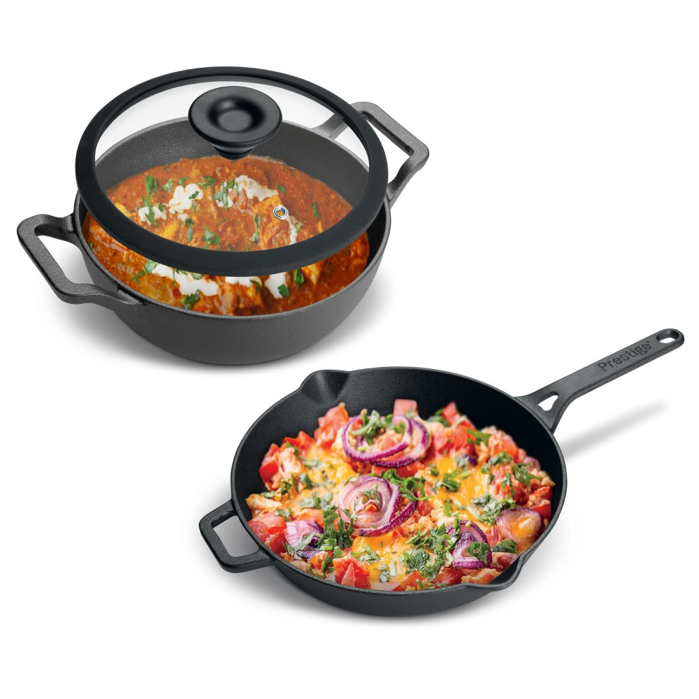 Prestige Pre-Seasoned Cast Iron Cookware Set, 24Cm Kadai W/L And 26Cm Frypan Set Combo Offer For Kitchen Iron Utensils For Cooking Induction Cookware Set, Black, PR49083