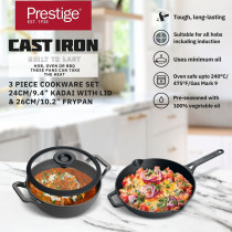 Prestige Pre-Seasoned Cast Iron Cookware Set, 24Cm Kadai W/L And 26Cm Frypan Set Combo Offer For Kitchen Iron Utensils For Cooking Induction Cookware Set, Black, PR49083