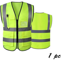 Yu Well Reflective Safety Vests High Visibility Breathable Day Night Warning Jacket With Zipper And 5 Pockets For Construction, Traffic, Cycling Safety Purpose, Green, Large