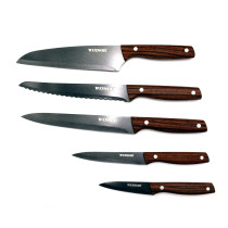 Winsor 5-Piece Stainless Steel Chef Knife Set with Non-Stick Coating Wood Pattern Handles and Acrylic Block Kitchen Knife Set, WR80813, Brown