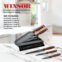 Winsor 5-Piece Stainless Steel Chef Knife Set with Non-Stick Coating Wood Pattern Handles and Acrylic Block Kitchen Knife Set, WR80813, Brown