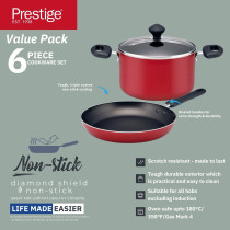 Prestige Non-Stick Cookware Set 6-Piece Pots and Pans Sets Kitchen Cooking Sets, PR22453, Red