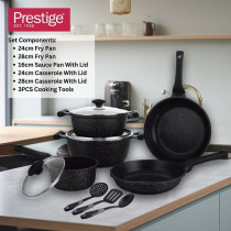 Prestige Essentials Nonstick Pots and Pans Set Induction Cookware Set 11 Pieces Non Stick Set Combo Granite Cooking Set Fry Pan Non Stick Combo Set, Black, PR80985