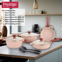 Prestige Essentials Nonstick Pots and Pans Set Induction Cookware Set 11 Pieces Non Stick Set Combo Granite Cooking Set Fry Pan Non Stick Combo Set, Pink, PR80987