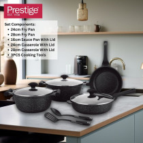 Prestige Essentials 9 Pieces Pots and Pans Set Nonstick Cookware Sets Granite Pots Set Kitchen Induction Pots and Pans Cooking Sets Pan Sets for Cooking, Black, PR80989