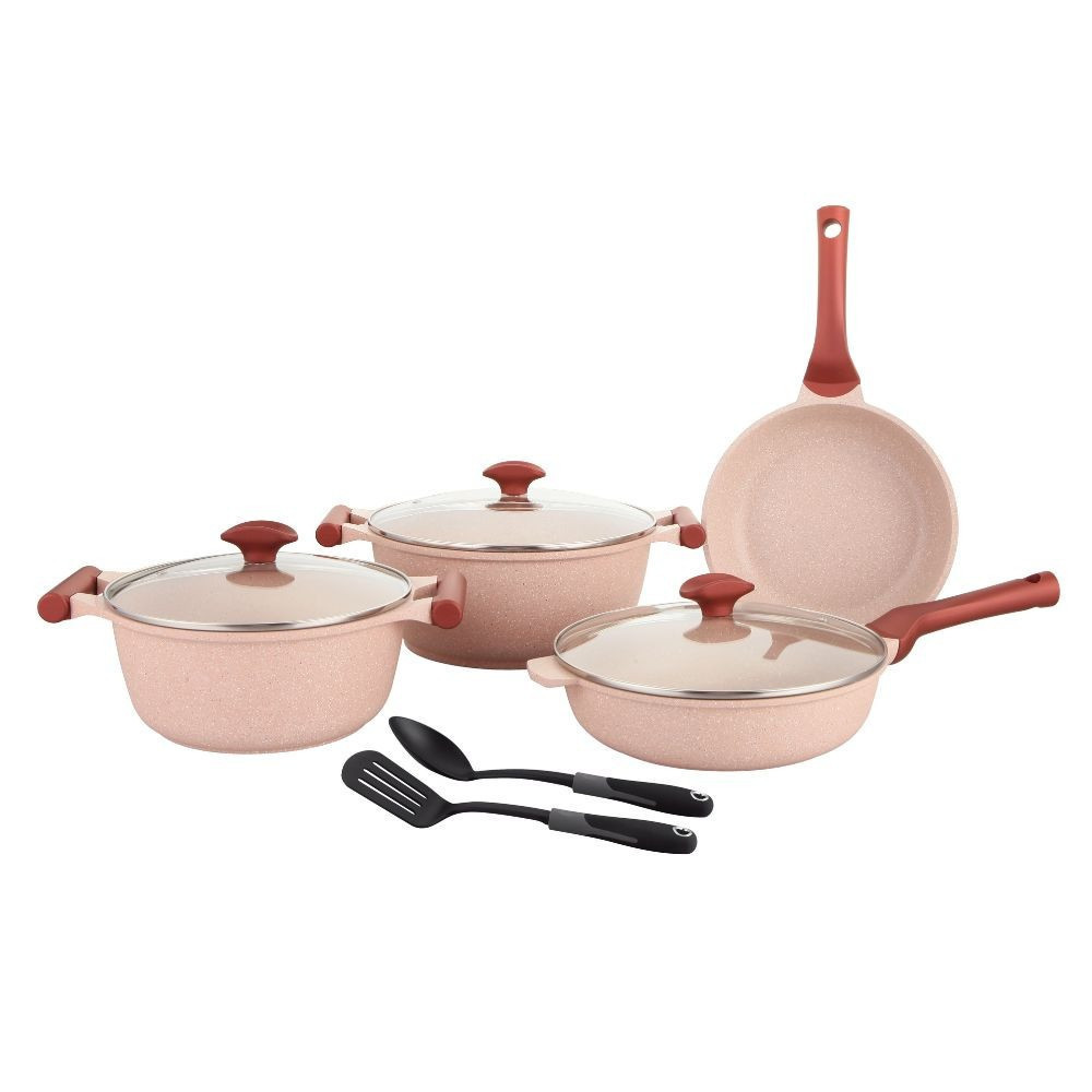 Prestige Essentials 9 Pieces Pots and Pans Set Nonstick Cookware Sets Granite Pots Set Kitchen Induction Pots and Pans Cooking Sets Pan Sets for Cooking, Pink, PR80991