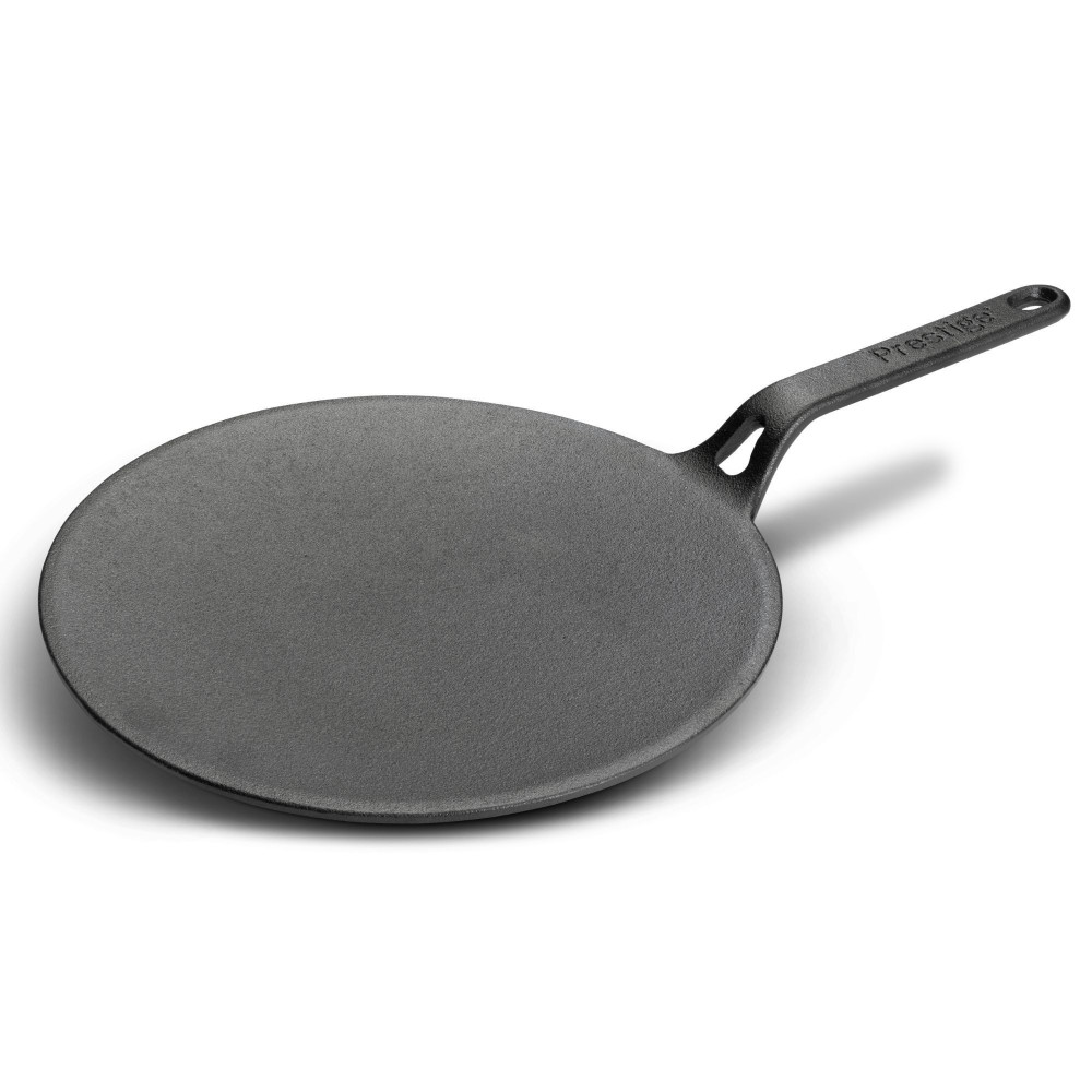 Prestige Cast Iron Curved Tawa 28 cm Induction Cast Iron Tawa Pan for Roti/Chapati/Dosa with Stick Handle Pre-Seasoned Cast Iron Cookware, Black, PR48884