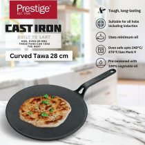 Prestige Cast Iron Curved Tawa 28 cm Induction Cast Iron Tawa Pan for Roti/Chapati/Dosa with Stick Handle Pre-Seasoned Cast Iron Cookware, Black, PR48884