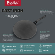 Prestige Cast Iron Curved Tawa 28 cm Induction Cast Iron Tawa Pan for Roti/Chapati/Dosa with Stick Handle Pre-Seasoned Cast Iron Cookware, Black, PR48884