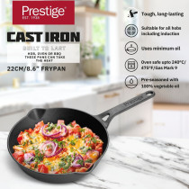 Prestige Cast Iron Fry Pan 22 cm, Cast Iron Skillet Induction Frying Pan Iron Fry Pan Pre-Seasoned Cast Iron Cookware, Black, PR48902