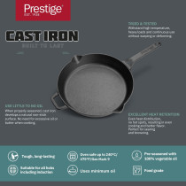 Prestige Cast Iron Fry Pan 20 cm, Cast Iron Skillet Induction Frying Pan Iron Fry Pan Pre-Seasoned Cast Iron Cookware, Black, PR48888