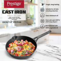 Prestige Cast Iron Fry Pan 20 cm, Cast Iron Skillet Induction Frying Pan Iron Fry Pan Pre-Seasoned Cast Iron Cookware, Black, PR48888