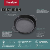 Prestige Cast Iron Dual Handle Fry Pan 24 cm, Cast Iron Skillet Induction Frying Pan Iron Fry Pan Pre-Seasoned Cast Iron Cookware, Black, PR48887