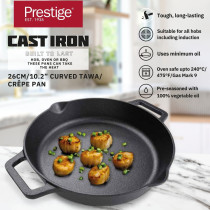 Prestige Cast Iron Dual Handle Fry Pan 24 cm, Cast Iron Skillet Induction Frying Pan Iron Fry Pan Pre-Seasoned Cast Iron Cookware, Black, PR48887