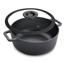 Prestige Cast Iron Casserole 24 CM, Induction Cooking Pot with Glass Lid Biryani Pot with Heavy Bottom Pre-Seasoned Cast Iron Cookware, Black, PR48897