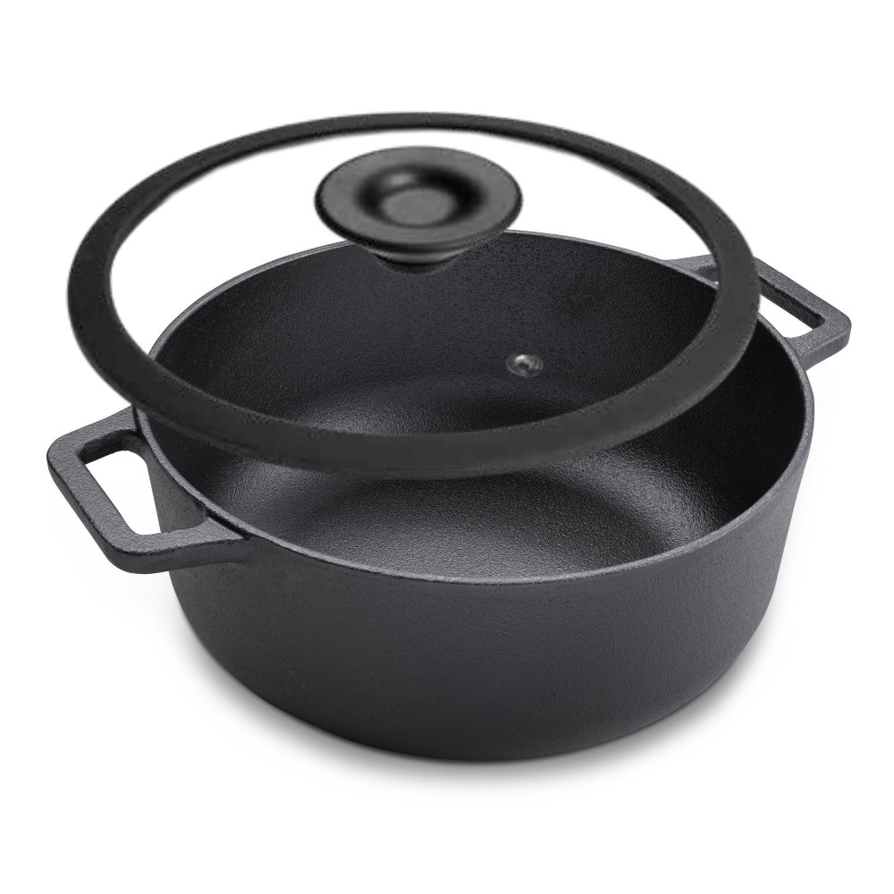 Prestige Cast Iron Casserole 24 CM, Induction Cooking Pot with Glass Lid Biryani Pot with Heavy Bottom Pre-Seasoned Cast Iron Cookware, Black, PR48897