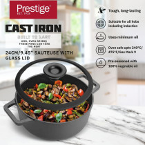 Prestige Cast Iron Casserole 24 CM, Induction Cooking Pot with Glass Lid Biryani Pot with Heavy Bottom Pre-Seasoned Cast Iron Cookware, Black, PR48897