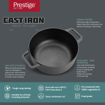 Prestige Cast Iron Casserole 24 CM, Induction Cooking Pot with Glass Lid Biryani Pot with Heavy Bottom Pre-Seasoned Cast Iron Cookware, Black, PR48897