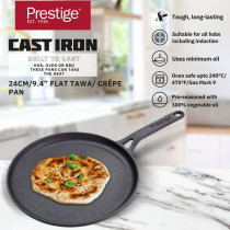 Prestige Cast Iron Flat Tawa 24 cm, Induction Base Tawa Pan for Dosa/Roti/Chapati with Stick Handle Pre-Seasoned Cast Iron Cookware, PR48891, Black