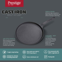 Prestige Cast Iron Flat Tawa 24 cm, Induction Base Tawa Pan for Dosa/Roti/Chapati with Stick Handle Pre-Seasoned Cast Iron Cookware, PR48891, Black