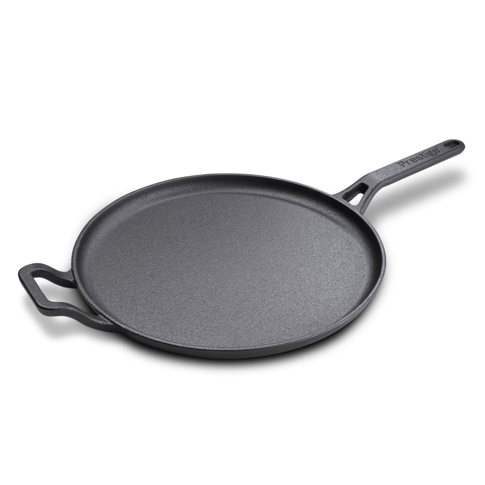 Prestige Cast Iron Flat Tawa 28 cm, Induction Cast Iron Tawa Pan for Roti/Chapati/Dosa with Stick Handle Pre-Seasoned Cast Iron Cookware, Black, PR48885