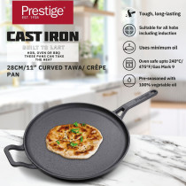 Prestige Cast Iron Flat Tawa 28 cm, Induction Cast Iron Tawa Pan for Roti/Chapati/Dosa with Stick Handle Pre-Seasoned Cast Iron Cookware, Black, PR48885