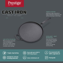 Prestige Cast Iron Flat Tawa 28 cm, Induction Cast Iron Tawa Pan for Roti/Chapati/Dosa with Stick Handle Pre-Seasoned Cast Iron Cookware, Black, PR48885