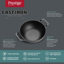 Prestige Cast Iron Kadai 24 cm, Iron Kadhai with Glass Lid for Cooking and Deep Frying Pre Seasoned Induction Cookware, Black, PR48895