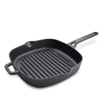 Prestige Cast Iron Grill 24 cm, Iron Grill Pan With Glass Lid With Handle Pre Seasoned Induction Cookware, Black, PR48886