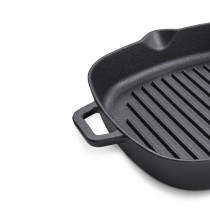 Prestige Cast Iron Grill 24 cm, Iron Grill Pan With Glass Lid With Handle Pre Seasoned Induction Cookware, Black, PR48886